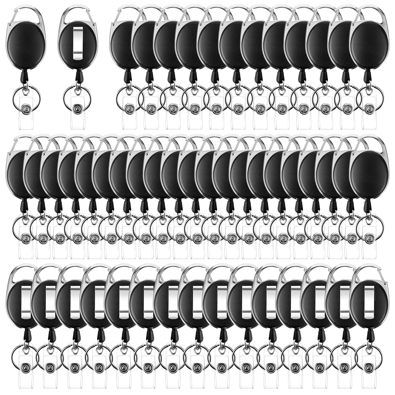 Lot de 50 porte-badges rétractables robustes avec mousqueton – Extension de porte-clés, pour employés de bureau, médecins, infirmiers, employés