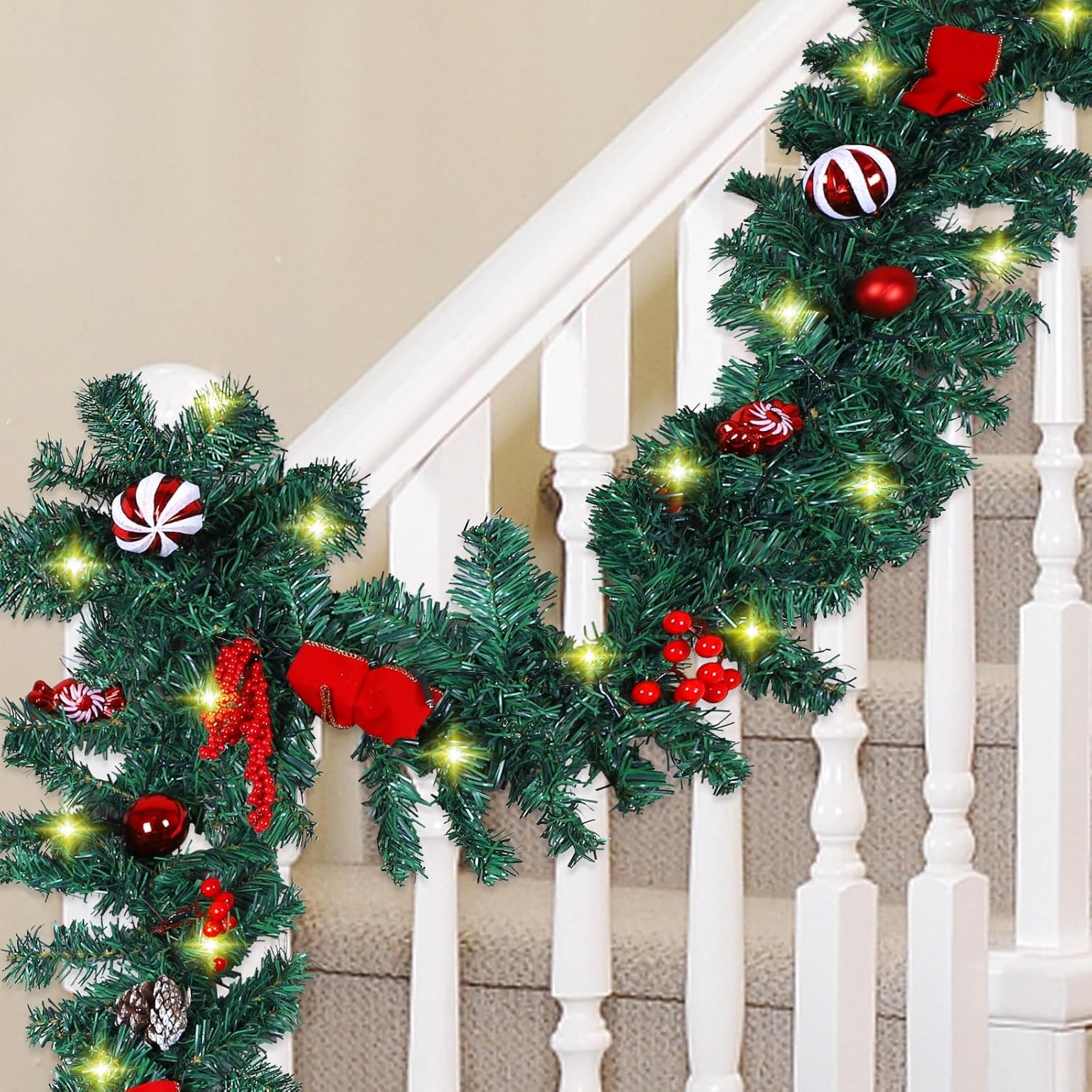 MorTime 4 Pack 9 FT LED Christmas Garland with Pinecones Red Berries Bows Christmas Balls Candies, Multi-Function Christmas Garland with 50 Warm White LED Lights, 180 Branch Tips 4PACK 9 FT LED Christmas Garland