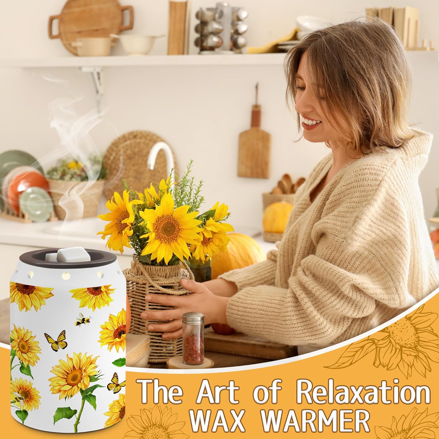 Sunflower Spring Wax Melt Warmer, Farmhouse Sunflower Spring Decor, Housewarming Gifts for Women, Electric Ceramic Wax Warmer for Bathroom Kitchen Home