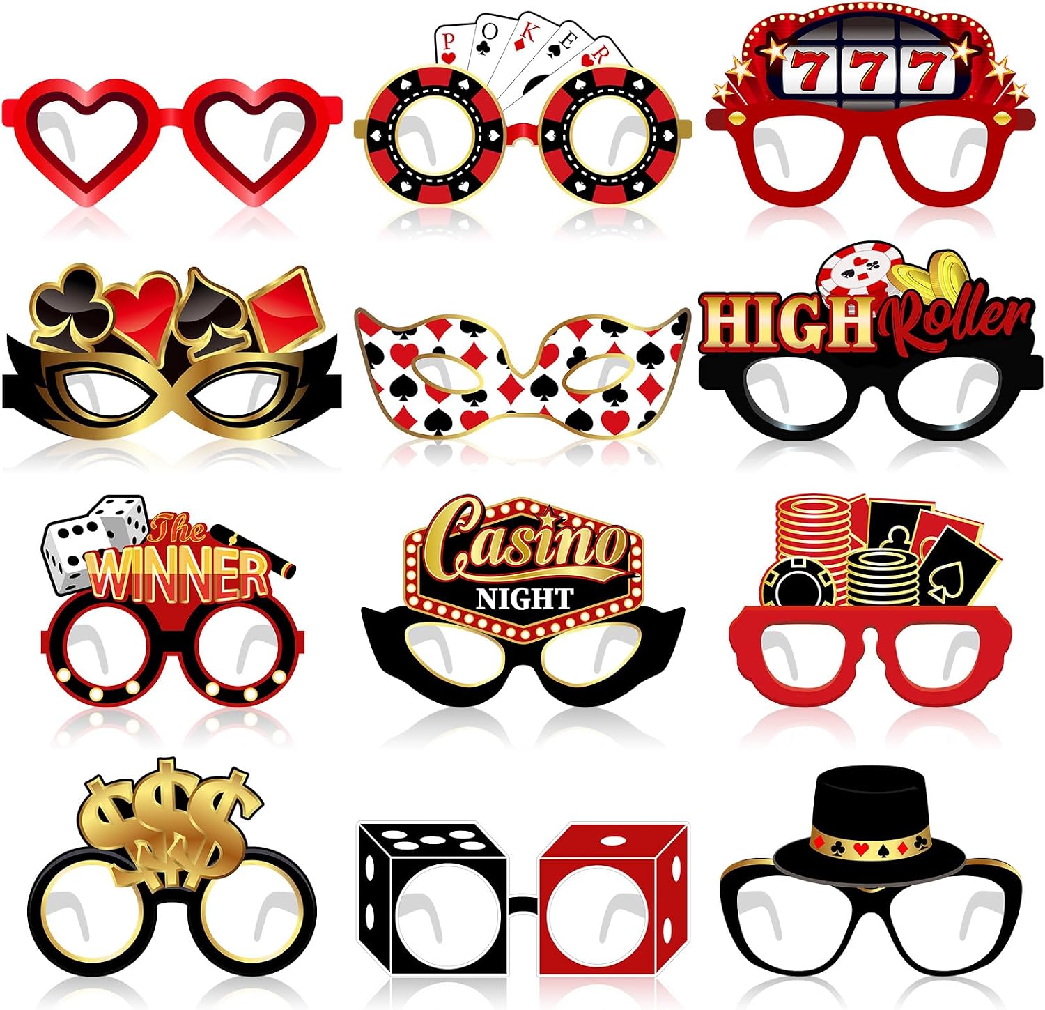 36 Pcs Casino Night Paper Glasses Casino Night Decorations Las Vegas Eyeglasses Poker Dice Sign Photo Booth Props Kit Game Birthday Party Favors