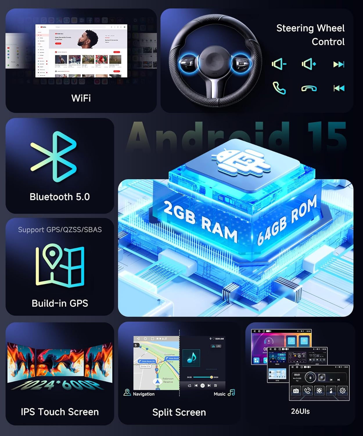 5Ghz WiFi Car Radio Stereo for Honda Odyssey 2005-2010 2+64G, 10.1" Touch Screen/Android 15/Wireless CarPlay/Android Auto/DSP EQ/GPS Navigation/Bluetooth/FM/RDS/SWC/HD Backup Camera