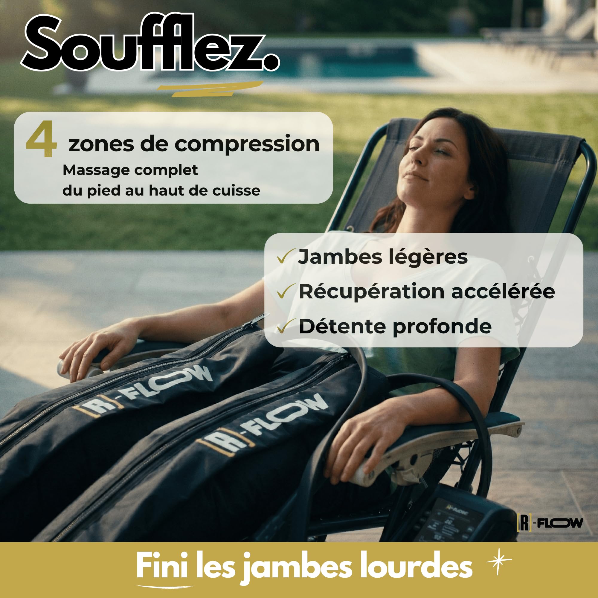 [R]-FLOW Bottes de Pressothérapie 4 Zones | 3 Programmes Essentiels | Jambes Lourdes & Rétention d’Eau | Récupération Musculaire | Sans Fil, Portable | Garantie 3 Ans | Idée Cadeau Fête des Pères