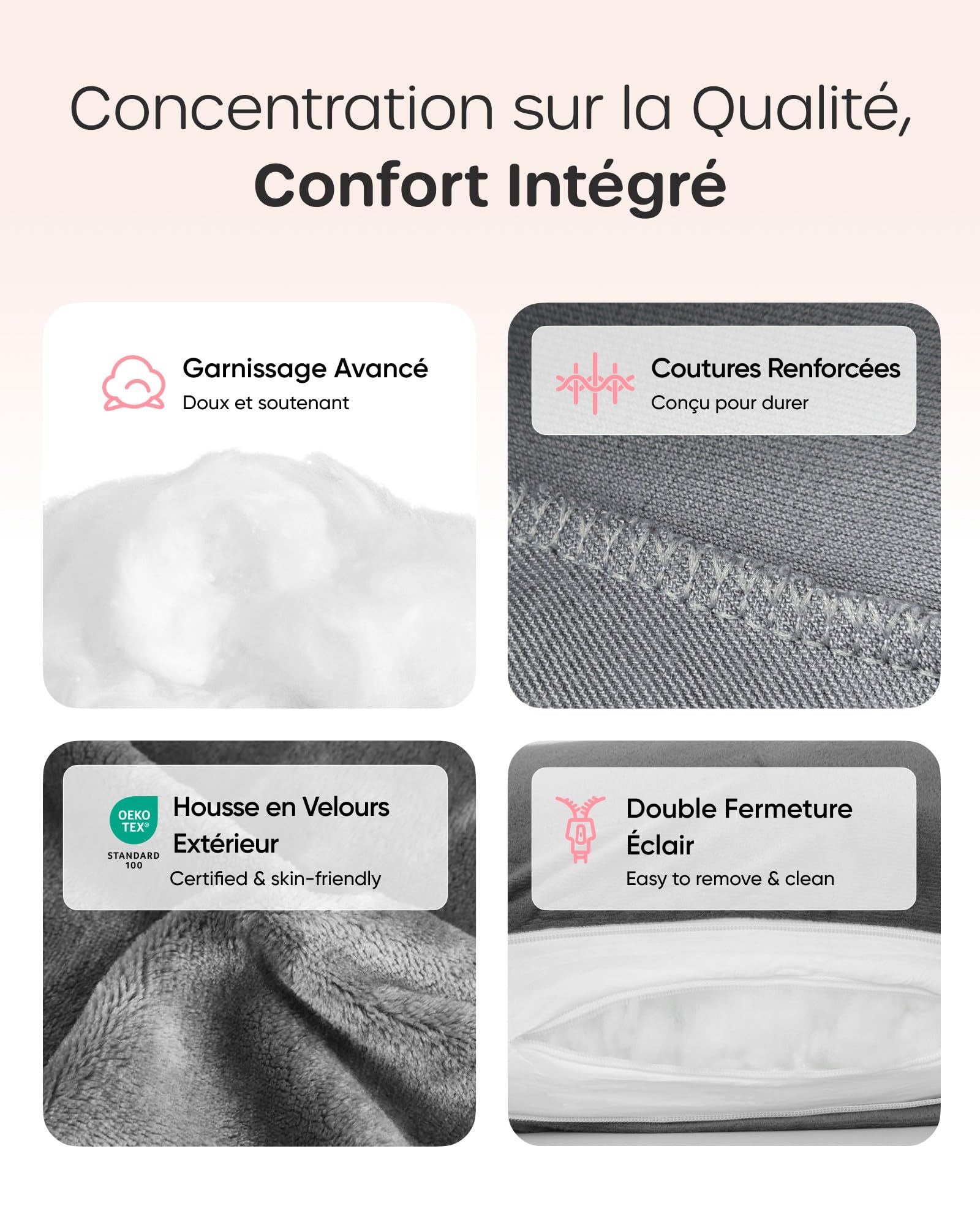 Nuliie Coussin de Grossesse pour Dormir, Oreiller de Corps Complet en Forme de U, Soutien pour Le Dos, Les Hanches et Les Jambes des Femmes Enceintes, avec Une Housse en Velours Lavable (Gris)