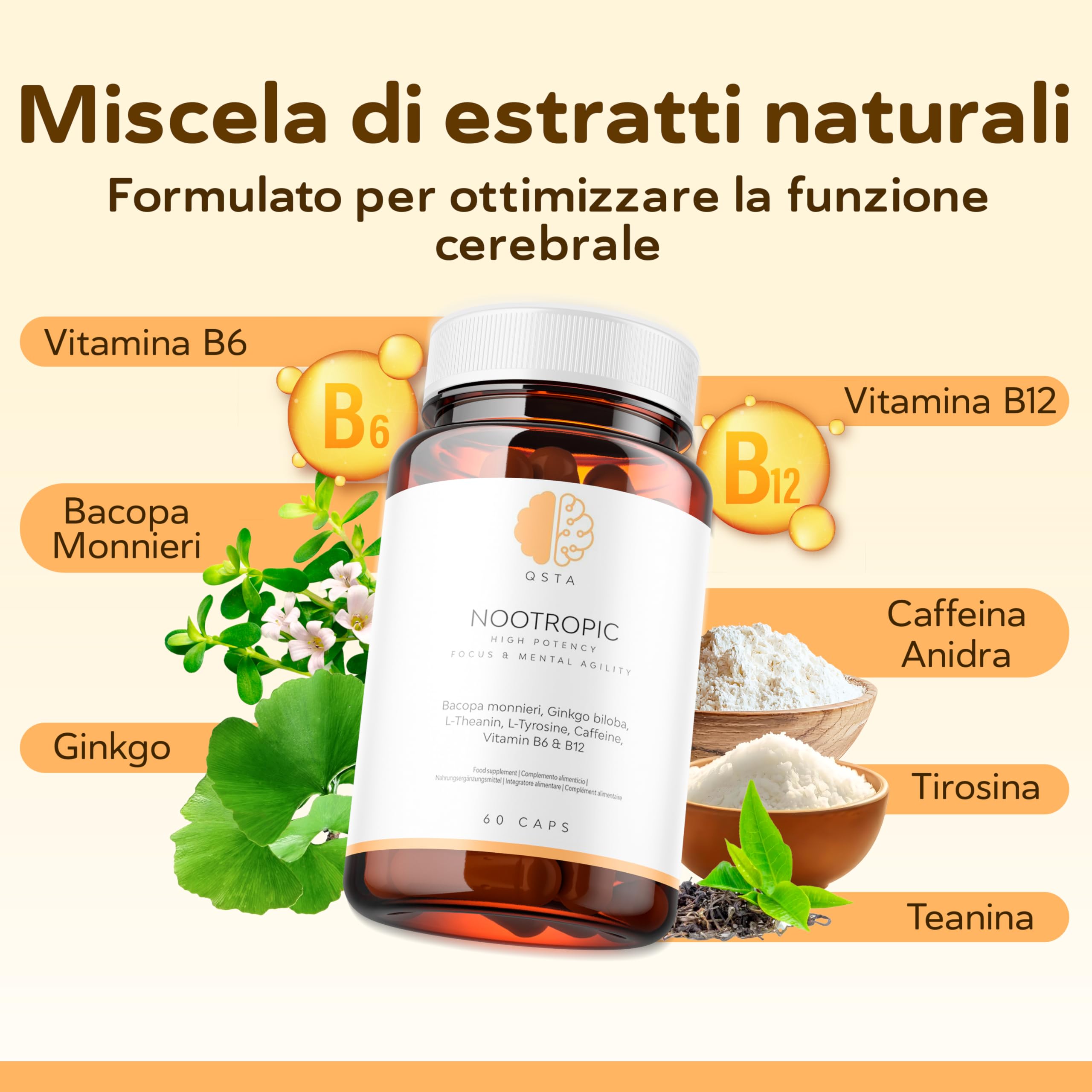 Nootropico – Integratore Memoria e Concentrazione con Bacopa Monnieri, Ginkgo Biloba, Tirosina, Teanina, Caffeina, Vitamine B6 e B12 – Integratore Studio Memoria e Focus Naturale – 60 Capsule