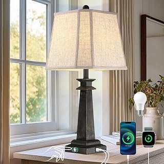 Black Table Lamp for Living Room, 27.5" Farmhouse Lamp for Bedroom | 3-Way Dimmable Touch Lamp for Nightstand, Bedside Table Lamp with USB A+C Charging Ports for End Table, Bulb Included