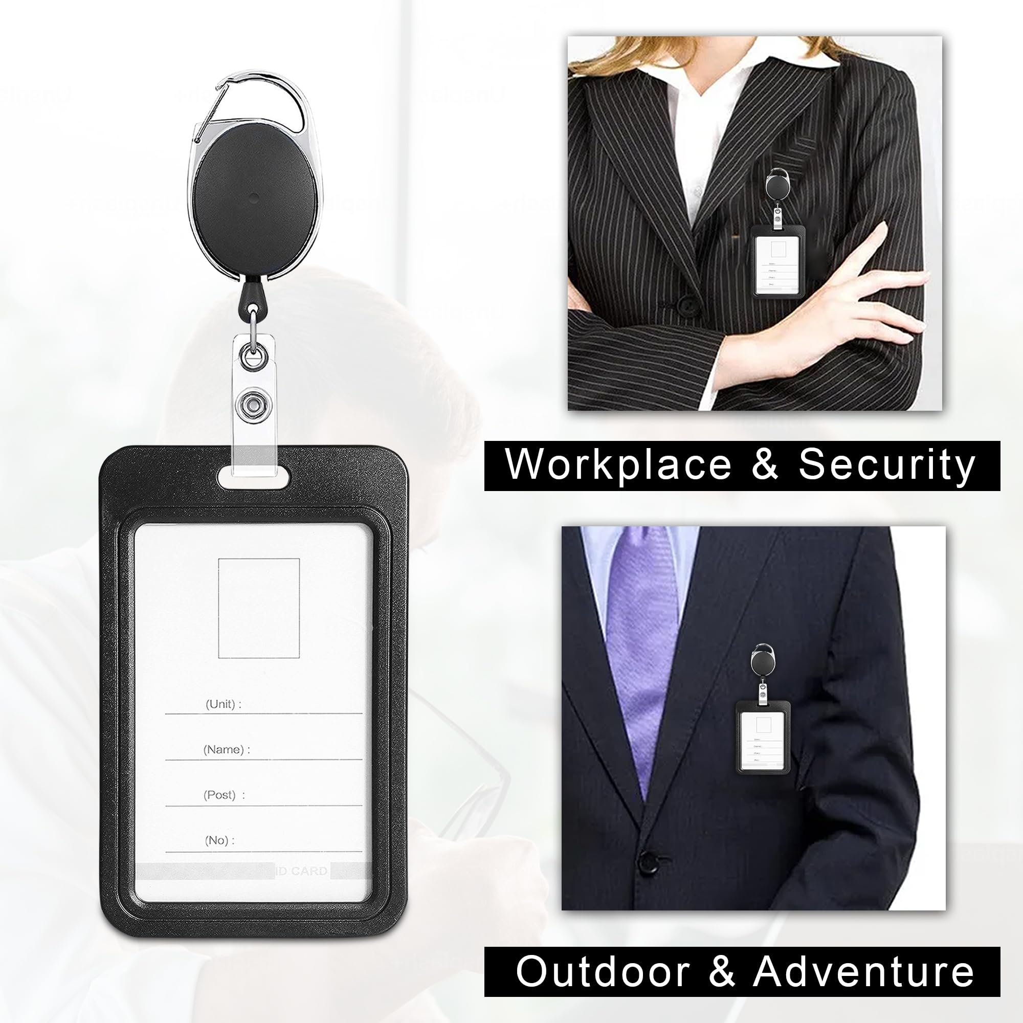 GLUN® Pack of 5 Sliding Badge Holders, Hard Black Vertical Card Cases with Retractable Reels & Carabiners for Office, School ID, Credit, Key Cards, & Driver’s License 2