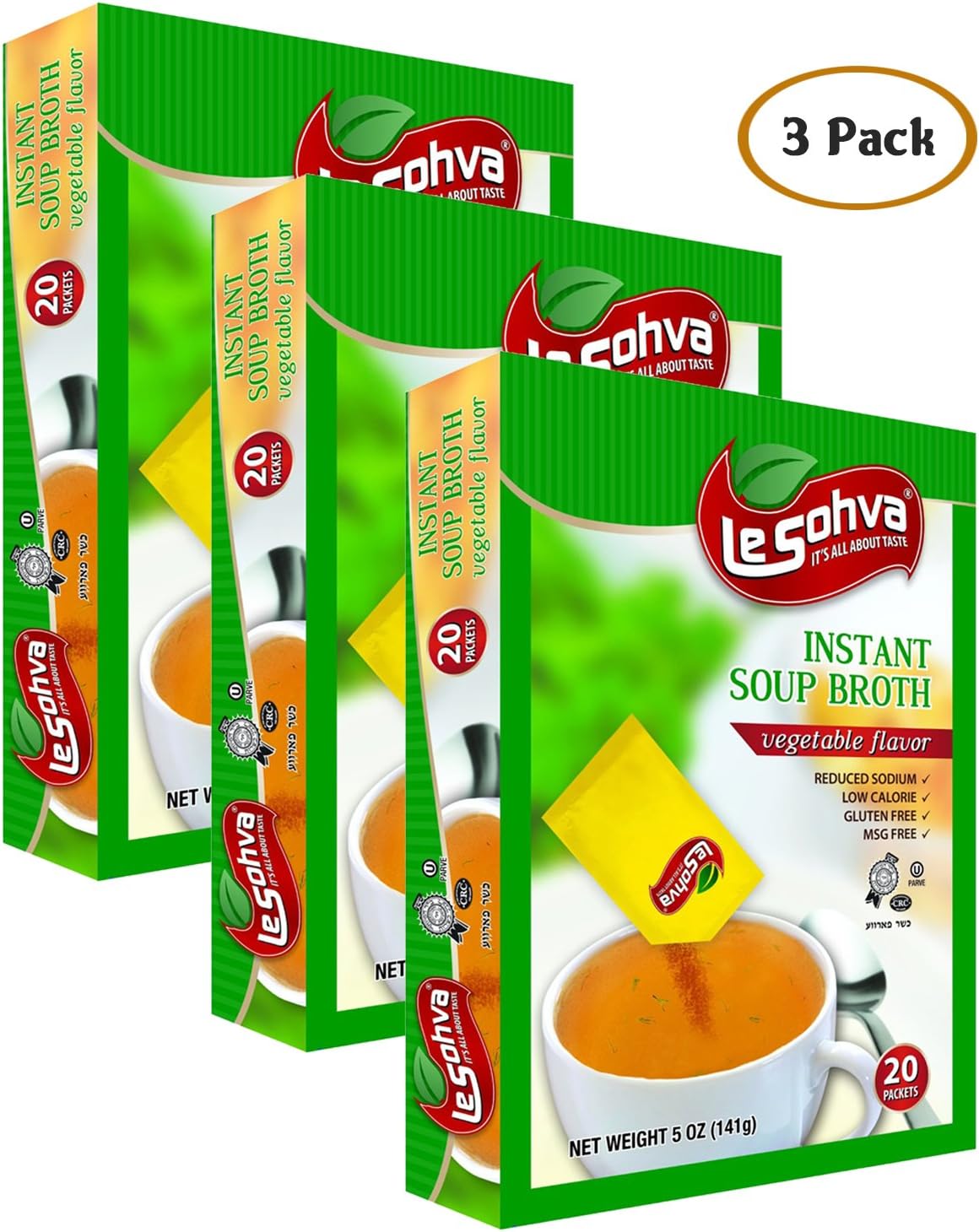 LeSohva Instant Soup Broth Chicken & Vegetable Flavor, MSG / Gluten Free, 20 Packets / Servings (3pk Vegetable)