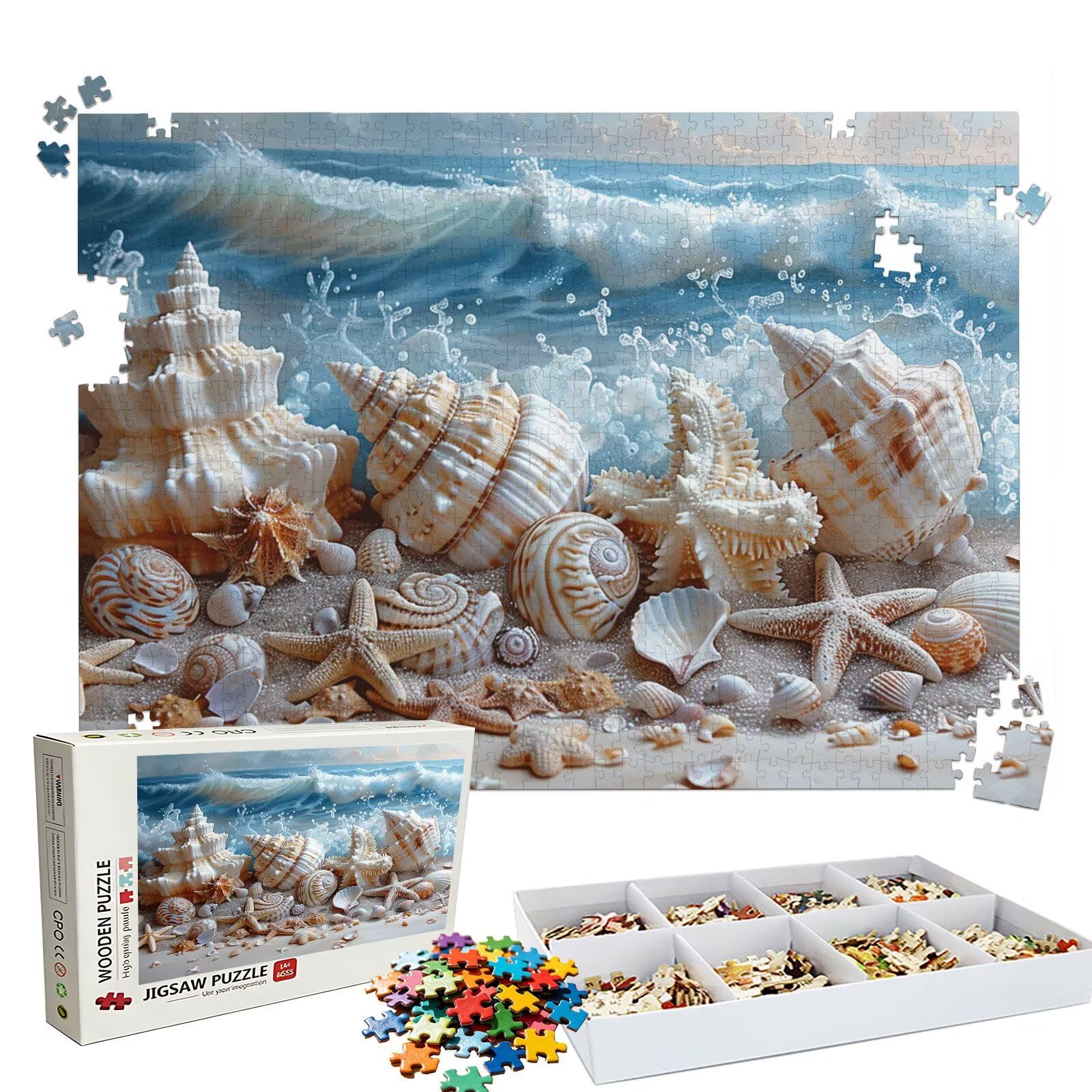Puzzle 1000 elementów, puzzle 1000 elementów dla dorosłych, trudne puzzle, aktywność antystresowa i relaks, druk w wysokiej rozdzielczości, puzzle drewniana muszla plażowa z wykwintnym pudełkiem do