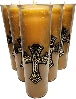 Made in USA Beeswax Devotional Prayer Candles with Cross on Glass 100 Hours Burn time. 6 Pack