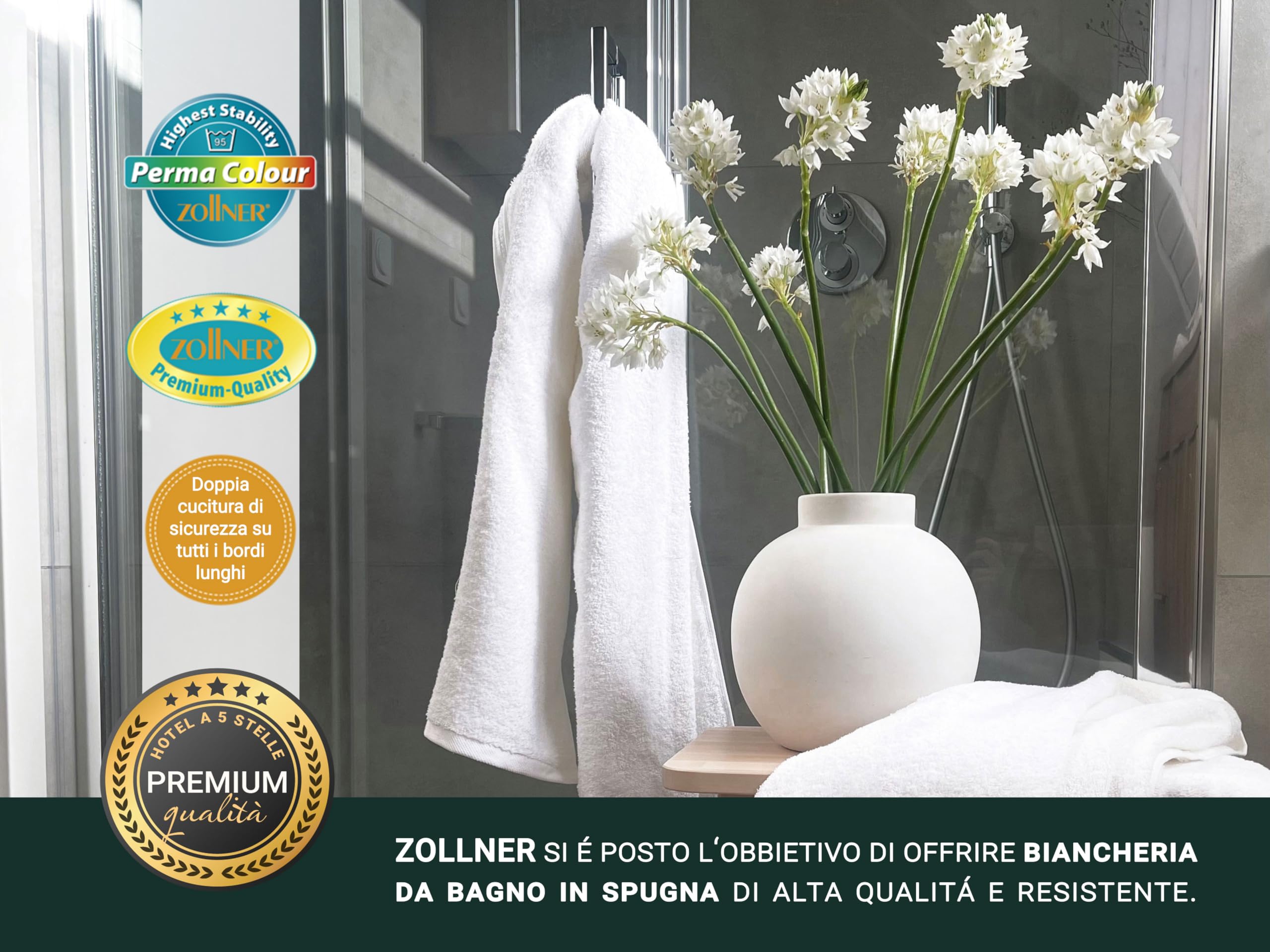 ZOLLNER 3 teli ddoccia in 70x140 cm - super morbidi e soffici asciugamani bianchi - con pratico gancetto - lavabili a 95°C - Cotone - Qualità alberghiera