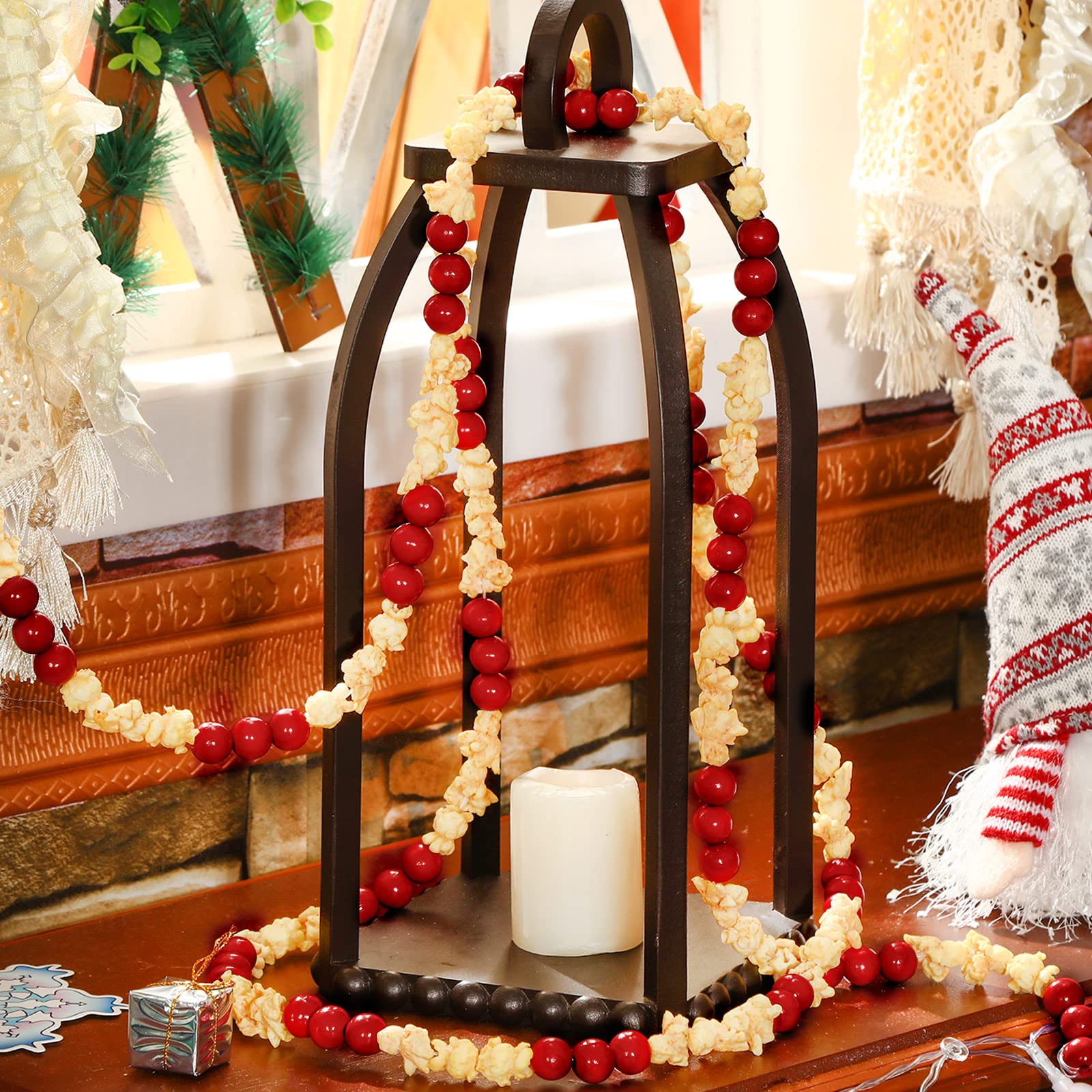 Giegxin Guirnalda artificial de palomitas de maíz y arándanos, guirnalda rústica para árbol de Navidad, guirnalda de palomitas de maíz de madera con cuentas rojas, guirnalda de palomitas de maíz y