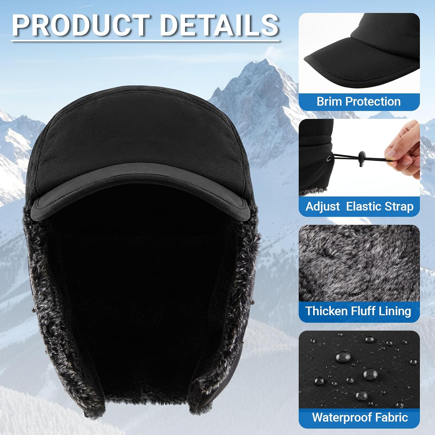 2 Pack Winter Trapper Hat for Men Women Warm Baseball Cap with Ear Flap and Mask Windproof Waterproof 3-in-1 Winter Hat - Image 3