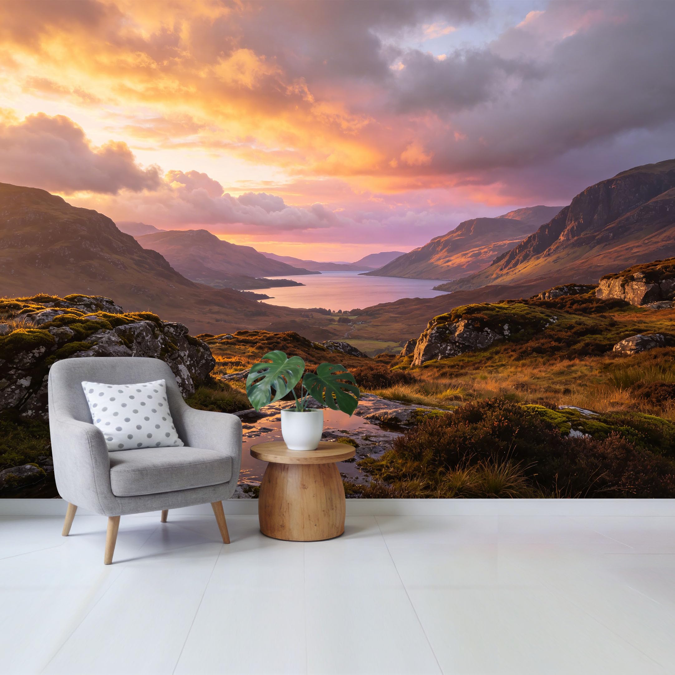 Custom Size Wall Mural Mountain Lake Sunset Landscape Scenic View Removable Self Adhesive Fabric Home Wall Decor for Living Room Bedroom Bathroom