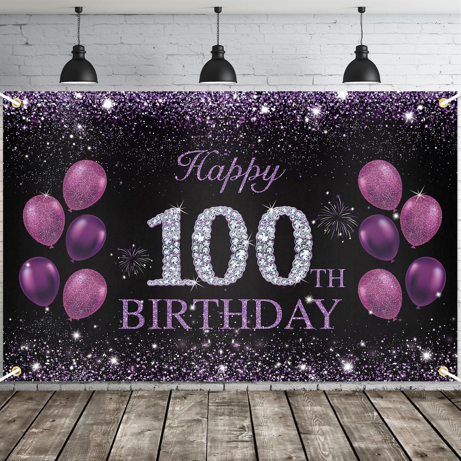 JOYKY Happy 100th Birthday Banner - Purple Party Decorations for Women, 100 Year Old Supplies Backdrop Decor, 5.9 X 3.8 Fts
