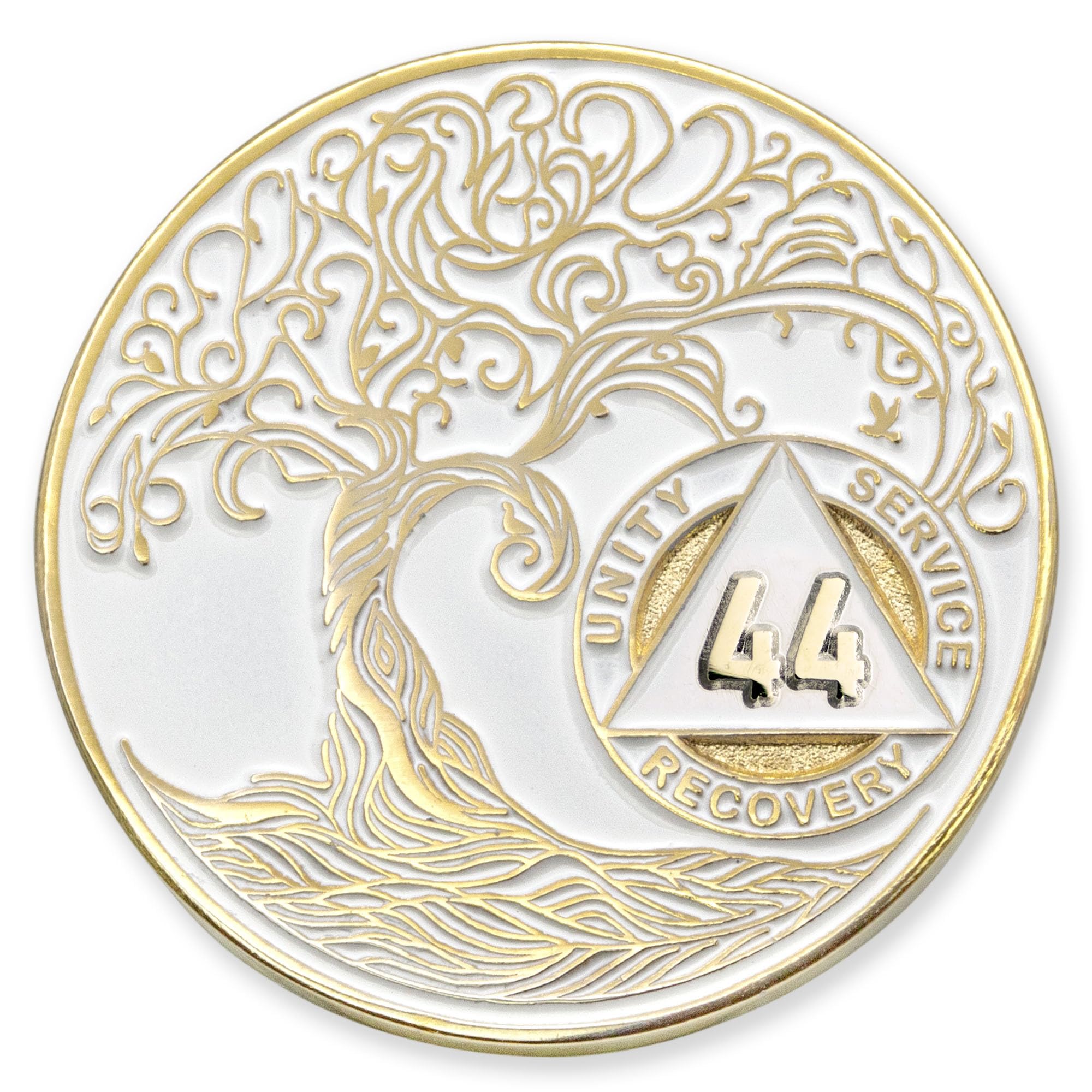1 to 50 Year Twisted Tree of Life Sobriety Coin - Gold Plated AA Chips &amp; Medallions - 44 Year Sobriety Coin - White