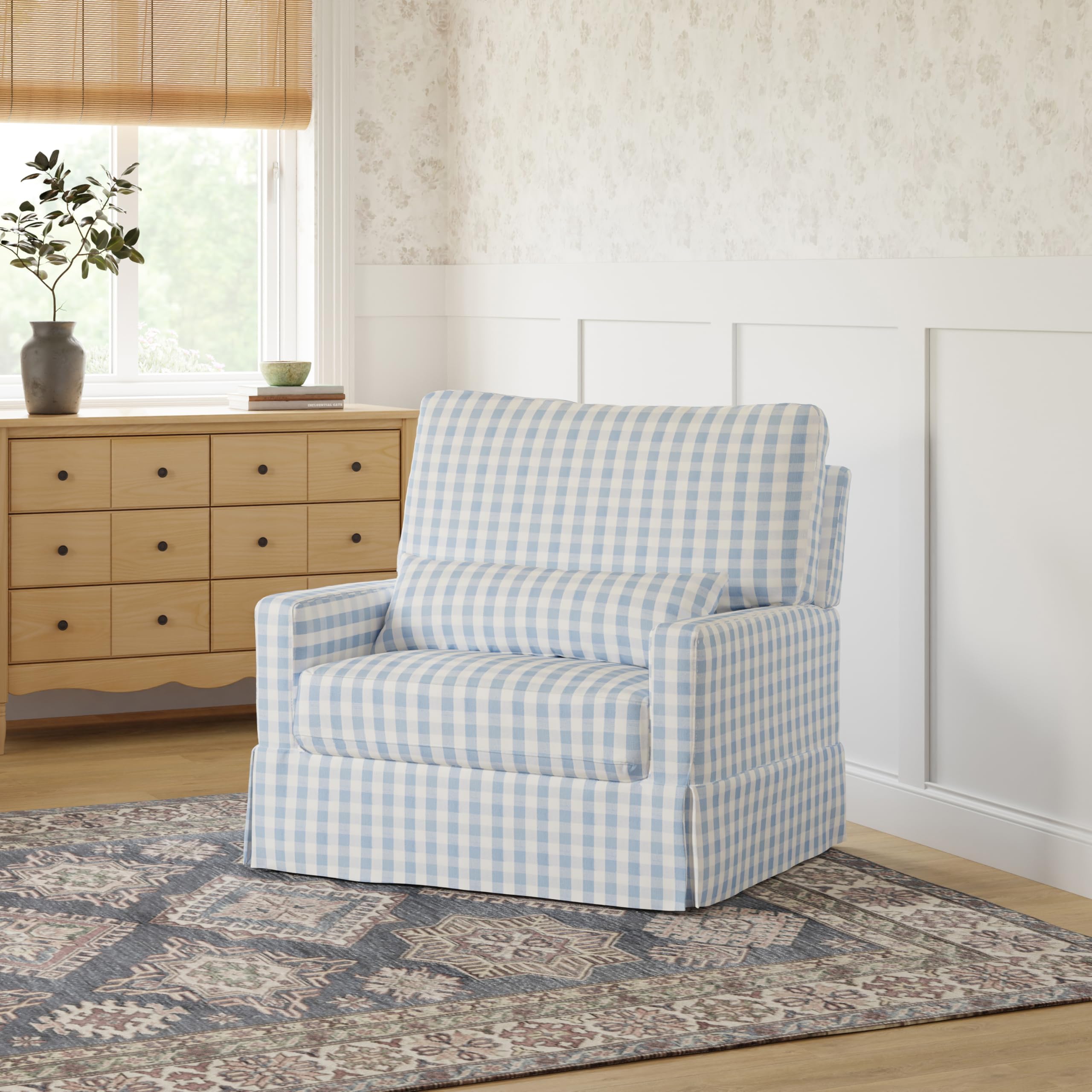 Namesake Crawford Pillowback Chair and a Half Comfort Swivel Glider in Blue Gingham, Greenguard Gold & CertiPUR-US Certified