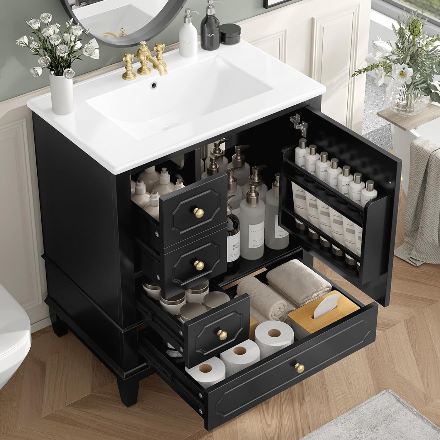 Favfurish 30" Bathroom Vanity with Sink,Freestanding Water-Resistant Sink Vanity Cabinet W/Ceramic Basin and Wood Fram,Soft-Close Door & 3 Drawers,Storage Shelves Included,Black