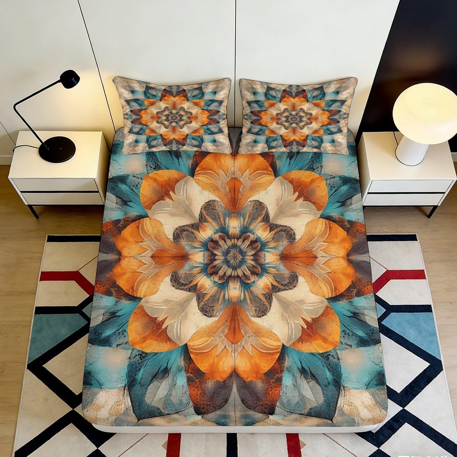 3D Printed Mandala Bloom Fitted Sheet Microfiber Soft Orange Blue Geometric Mattress Cover for Bedroom Dorm Decor 90x200x25cm