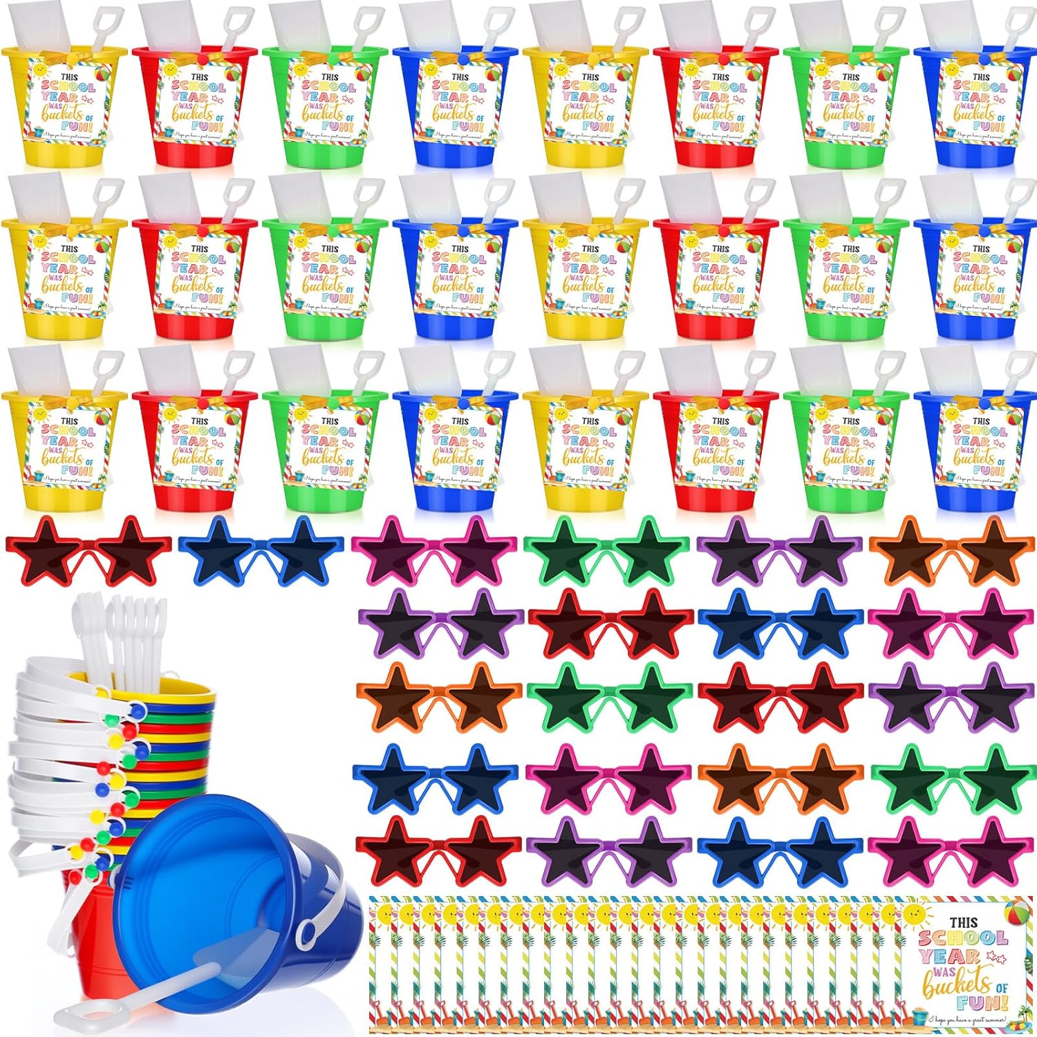 24 Set End of Year Students Gift from Teacher Bulk Sand Bucket with Shovels Cards Neon Sunglasses Preschool Kindergarten Graduation Gifts for Student Beach Pool Summer Party Goody Bag Favor