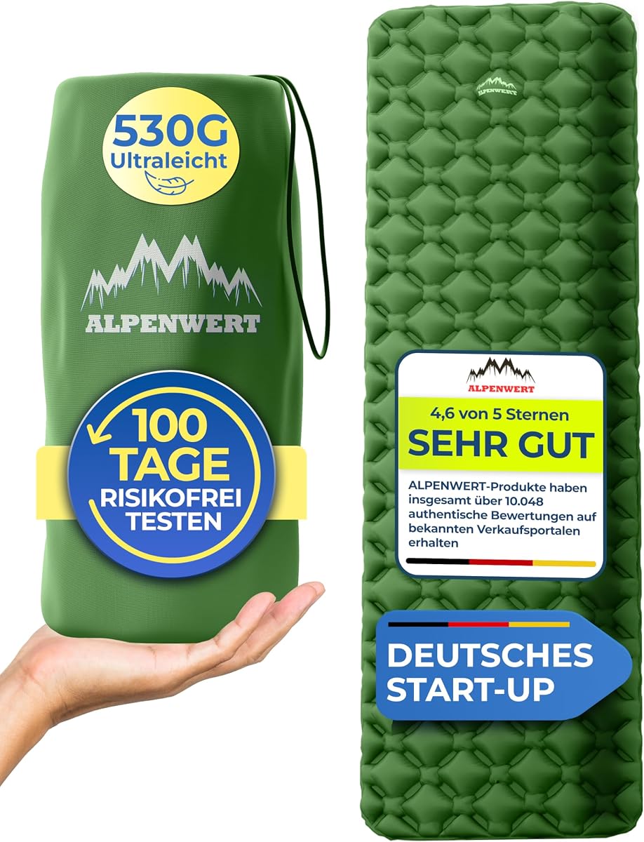 Alpenwert® Isomatte Outdoor [Kleines Packmaß & Ultraleicht] – Testsieger 2026 – 100 Tage risikofrei testen – Aufblasbare Schlafmatte & Luftmatratze für Camping, Wandern, Trekking & Backpacking*