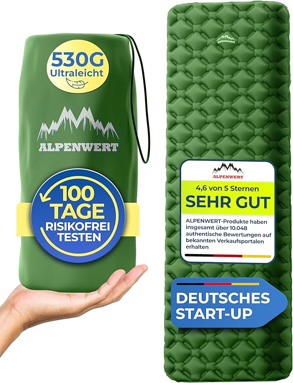 Alpenwert® Isomatte Outdoor [Kleines Packmaß & Ultraleicht] Luftmatratze perfekt für Camping, Wandern, Backpacking UVM. - Schlafmatte aufblasbar
