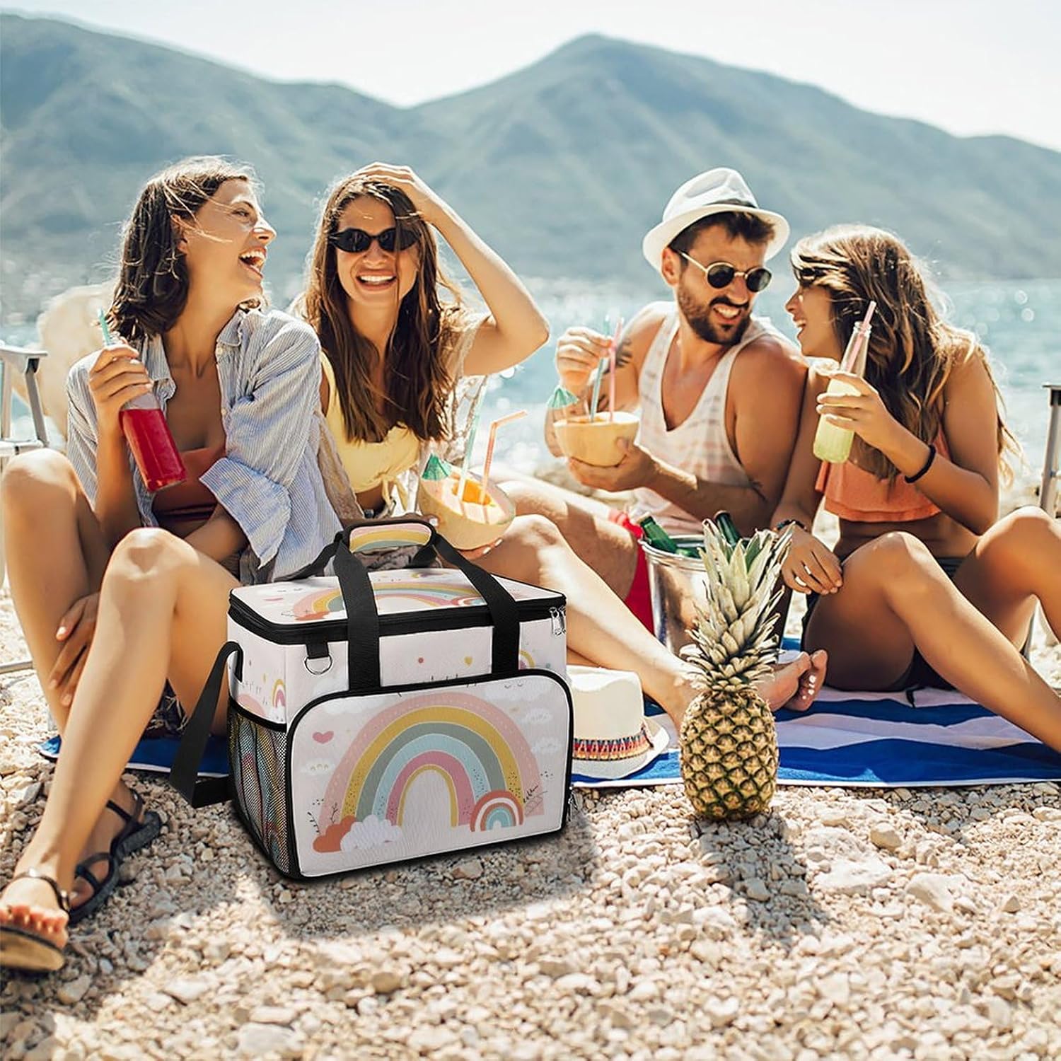 Insulated Picnic Backpack Tote Bag, Large Capacity 30L Rainbow and Cloud Cooler Bag Leakproof Beach Bags Portable Lunch Box Waterproof Picnic Basket for Beach Camping BBQ