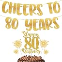 TrifleArte Cheers to 80 Year Banner & Happy 80th Birthday Cake Topper Combo | Glitter Party Decoration Set for Kids & Adults | Anniversary & B'day Celebration Decor gallery image