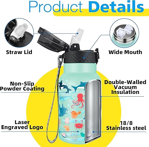 Miniatura 5 de Han's Bottle Botella de agua para niños con tapa con pajilla, vaso reutilizable de acero inoxidable aislado para niños pequeños, niñas, niños, taza