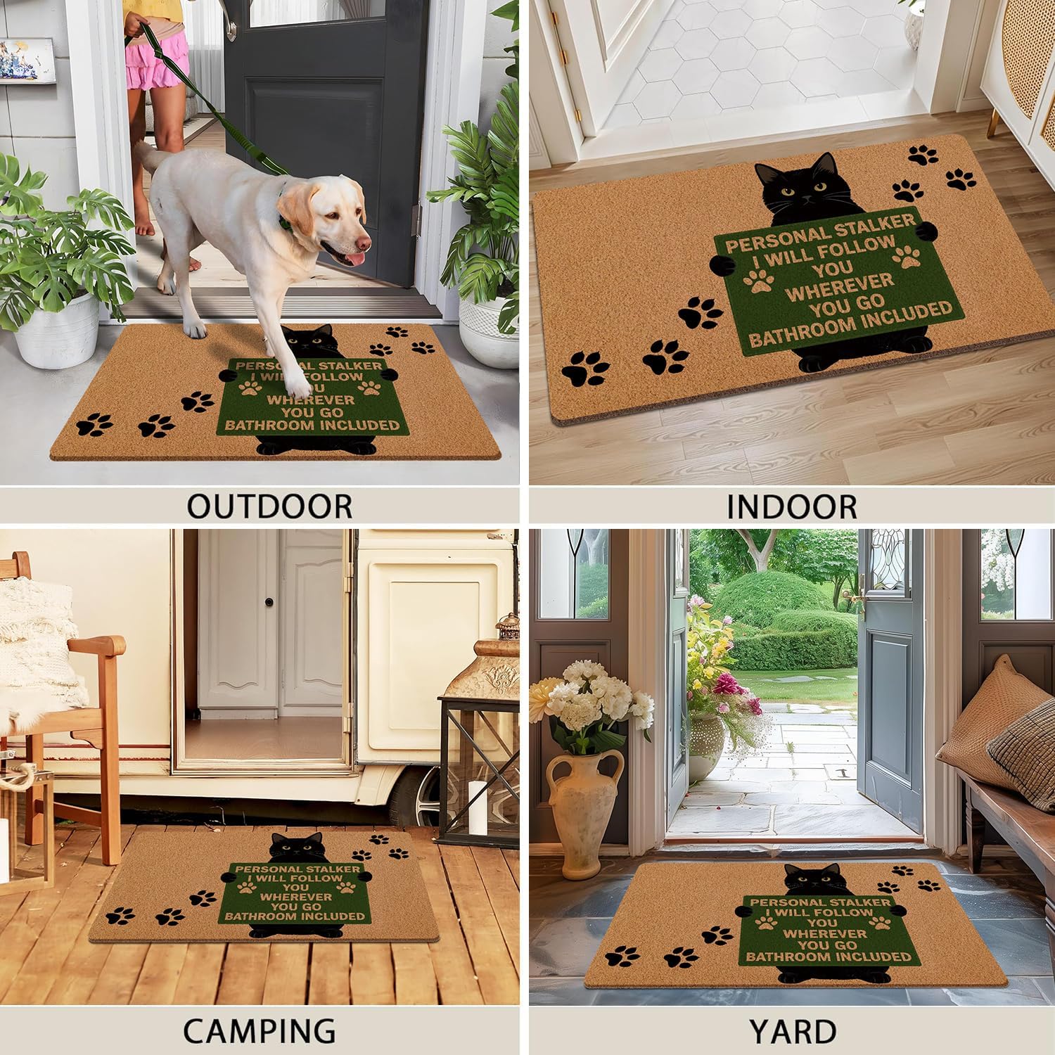 Stalker Black Cat Paws Door Mat, Funny Welcome Outside Indoor Entrance Non Slip Doormat, Rustic Artificial Coir Porch Back Door Home Cat Lovers Owners Decor,17X30in