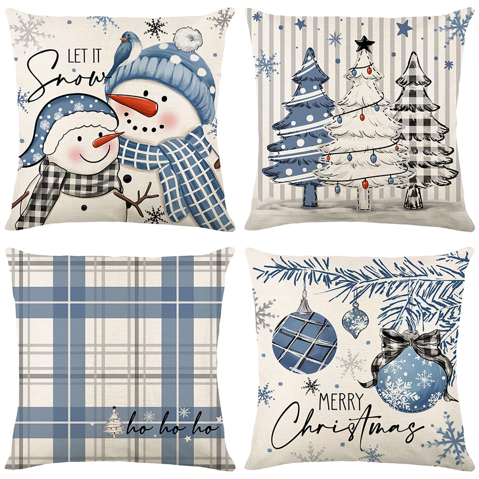 KY-TechChristmas Cushion Covers, 4 Pack Christmas Pillow Covers Cotton Linen Christmas Pillow Cases Xmas Cushion Covers Christmas Decorations Pillow Covers, 18x18 inch (StyleS-Blue)