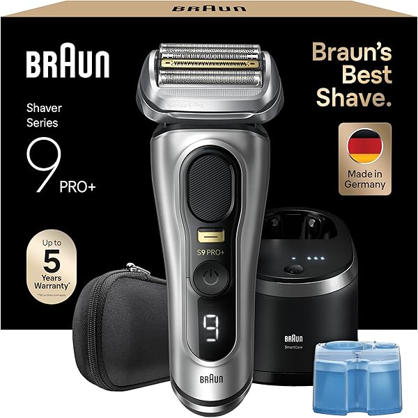 Braun Series 9 Pro+ Rasierer Herren Elektrisch, Elektrorasierer mit 5 Pro Rasierelementen, Rasierapparat ProTrimmer & Reinigungsstation, 60 Min Laufzeit, Made in Germany, 9567cc, Silber