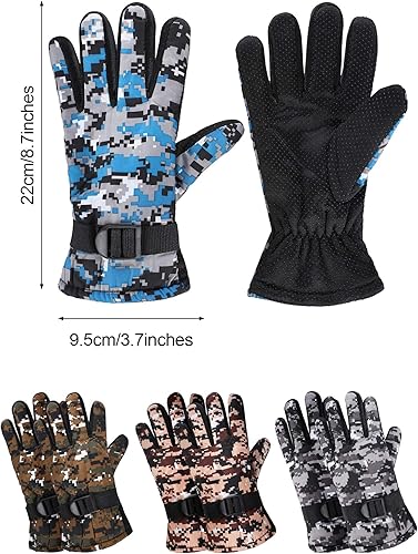 Miniatura 3 de Hicarer 4 pares de guantes de invierno para niños, impermeables, guantes de esquí de nieve, ropa de camuflaje unisex para clima frío para niñas y