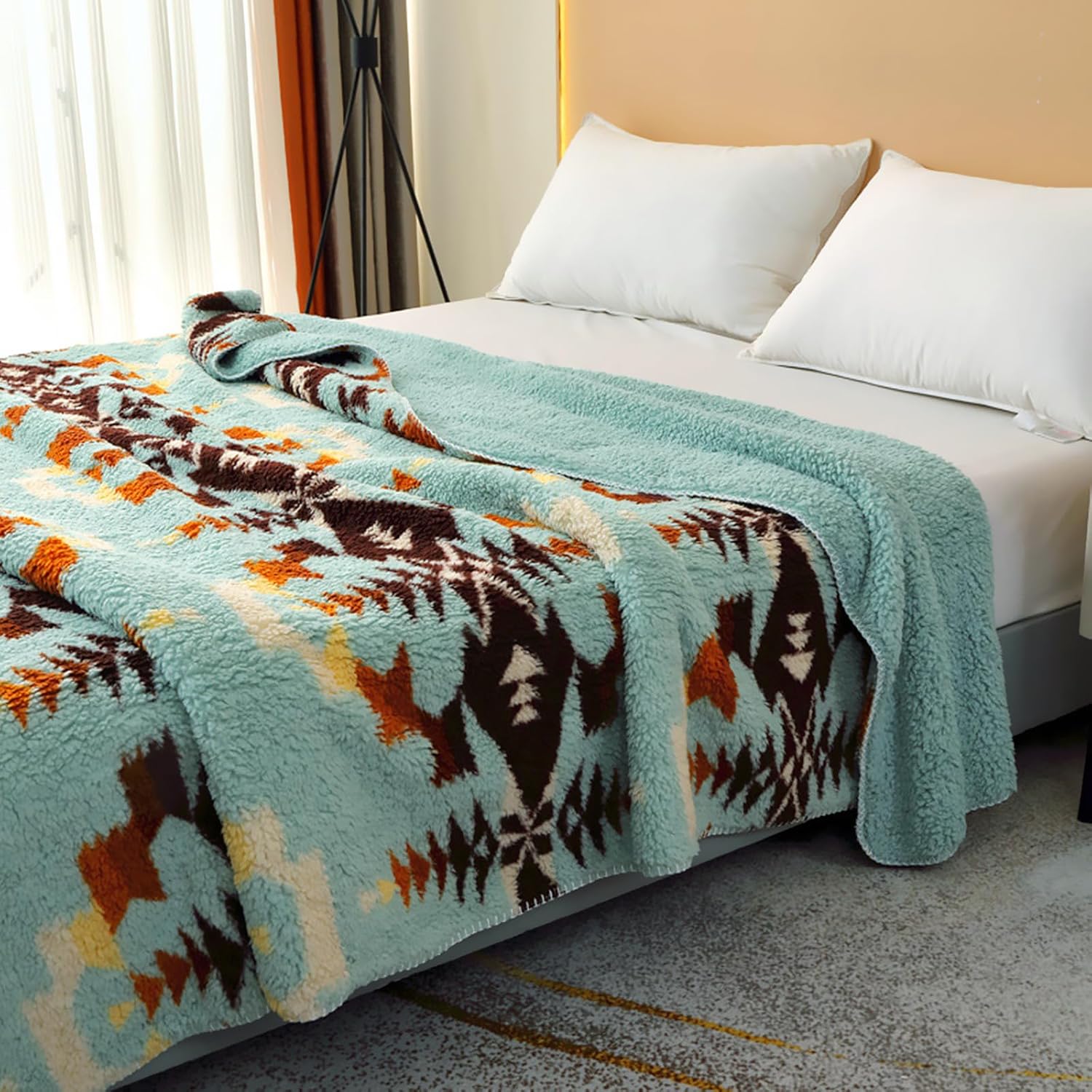 UKELER Bohemian Sherpa Throw Blanket 60'' × 80'', Sherpa Fleece Blanket for All Season, Southwestern Aztec Throw Blanket, Native American Blanket for Bed/Couch/Sofa/Office/Camping - Image 4