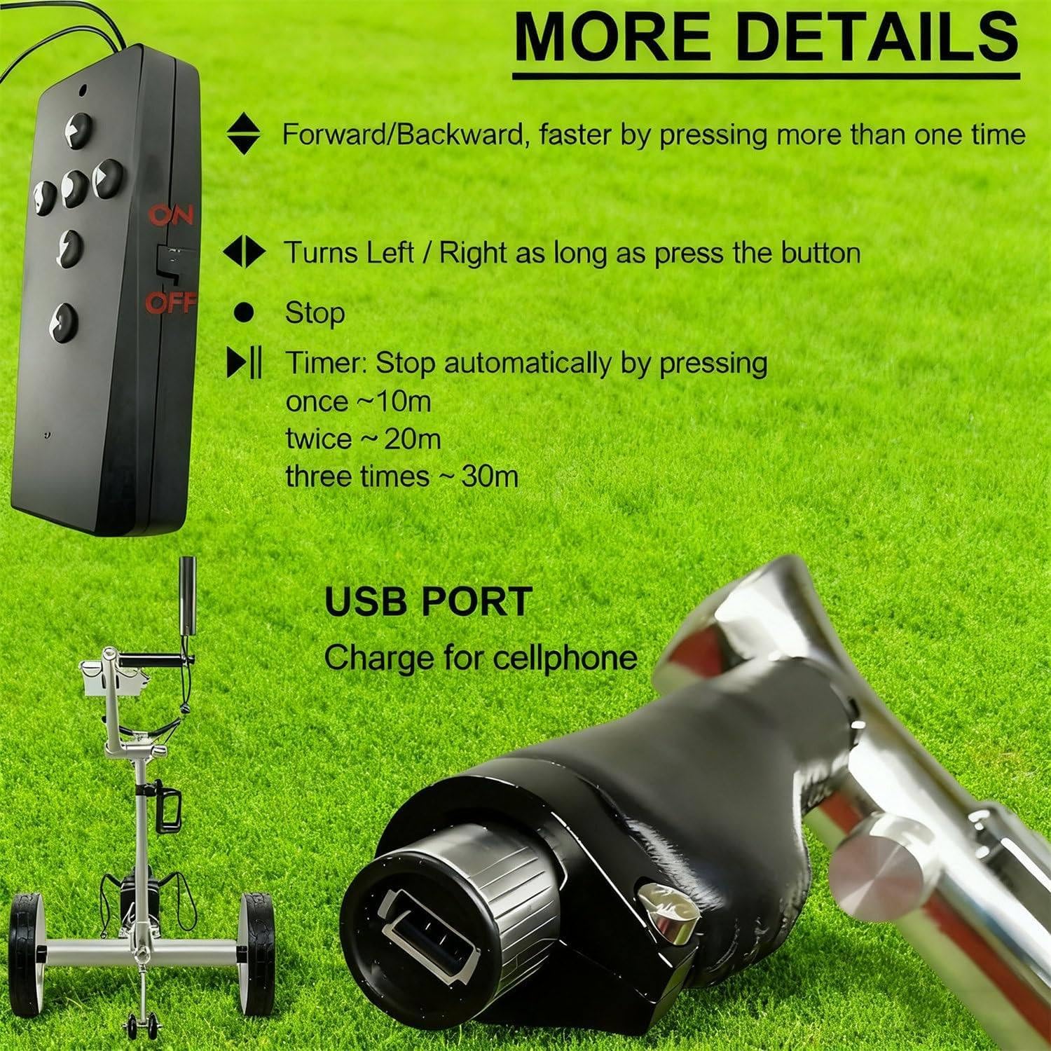 Carrito de golf motorizado con control remoto, carrito eléctrico de 3 ruedas resistente con motor de 400 W, marco de acero resistente, freno de pie, red de malla y soportes