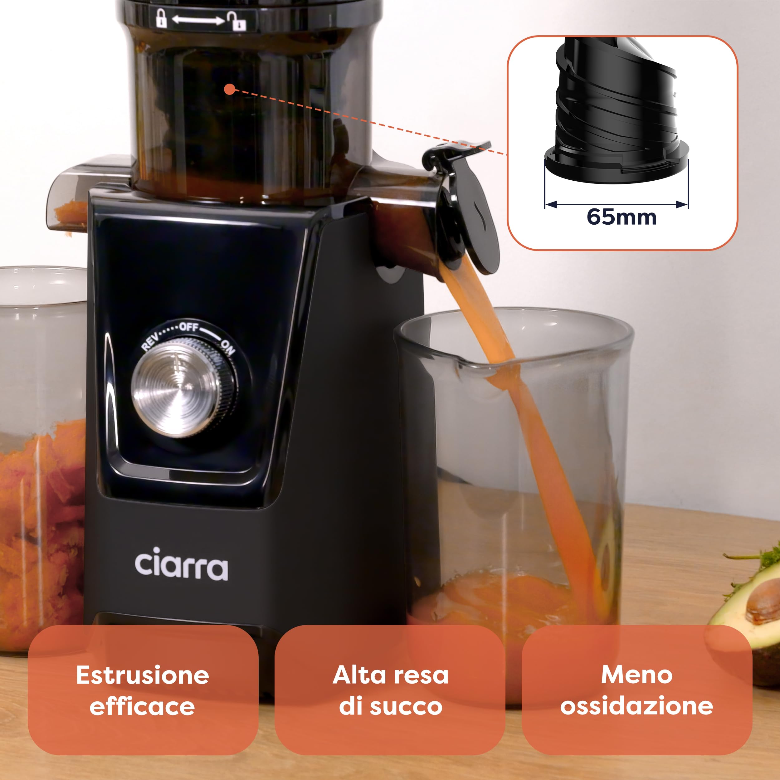 Ciarra AWSJ046-B Estrattore Frutta e Verdura, Estrattore di Succo Lento con Apertura di Alimentazione da 108 mm, SENZA BPA, 1.2L Capacità, Per frutta e verdura intere, 200W, 2 Bicchieri-NERO