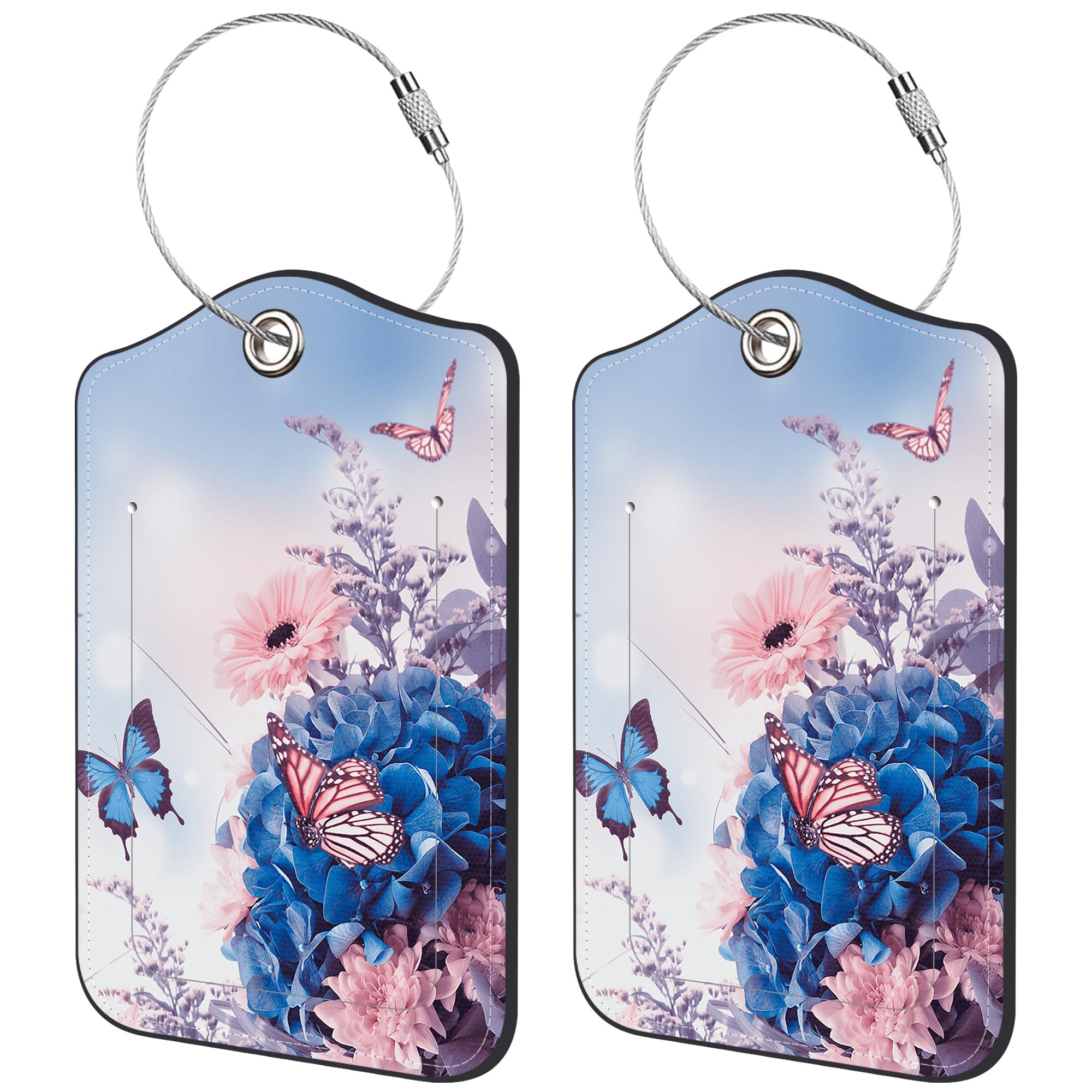 2 Pack PU Leather Luggage Tag for Suitcase Blue Hydrangeas Butterfly Suitcase Tags with Privacy Name ID Label and Stainless Steel Loop for Travel Bag