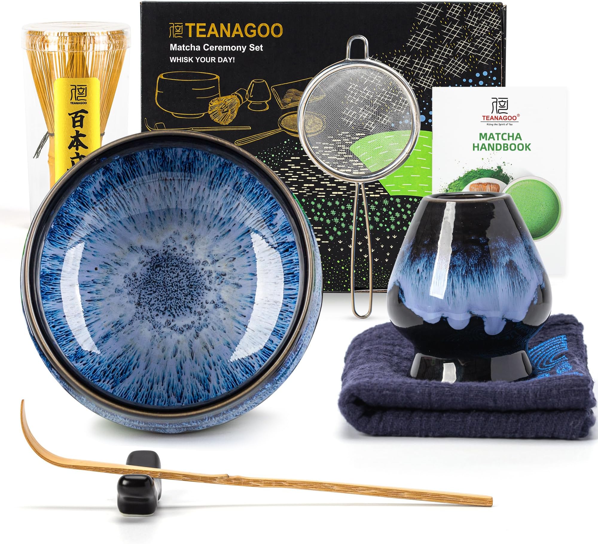 TEANAGOO 7 Pcs Matcha Whisk Set, Matcha Set for Ceremony, Matcha Kit Junware-Blue, Matcha Tea Set for Making Breakfast/Latte, Matcha Whisk Gift Set and Bowl with All Accessories