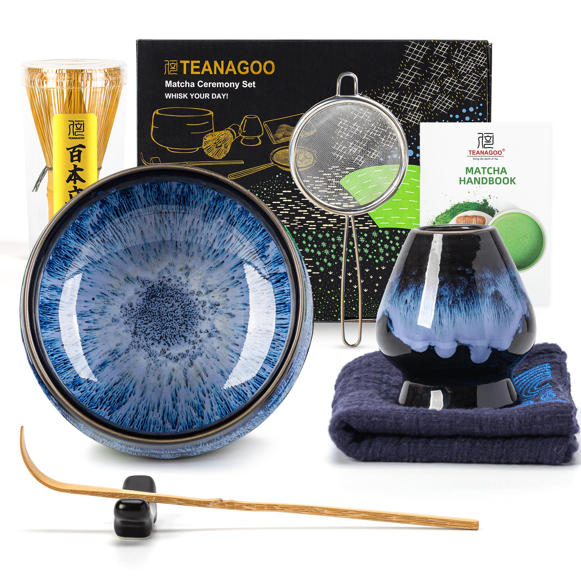 TEANAGOO 7 Pcs Matcha Whisk Set, Matcha Set for Ceremony, Matcha Kit Junware-Blue, Matcha Tea Set for Making Breakfast/Latte, Matcha Whisk Gift Set and Bowl with All Accessories