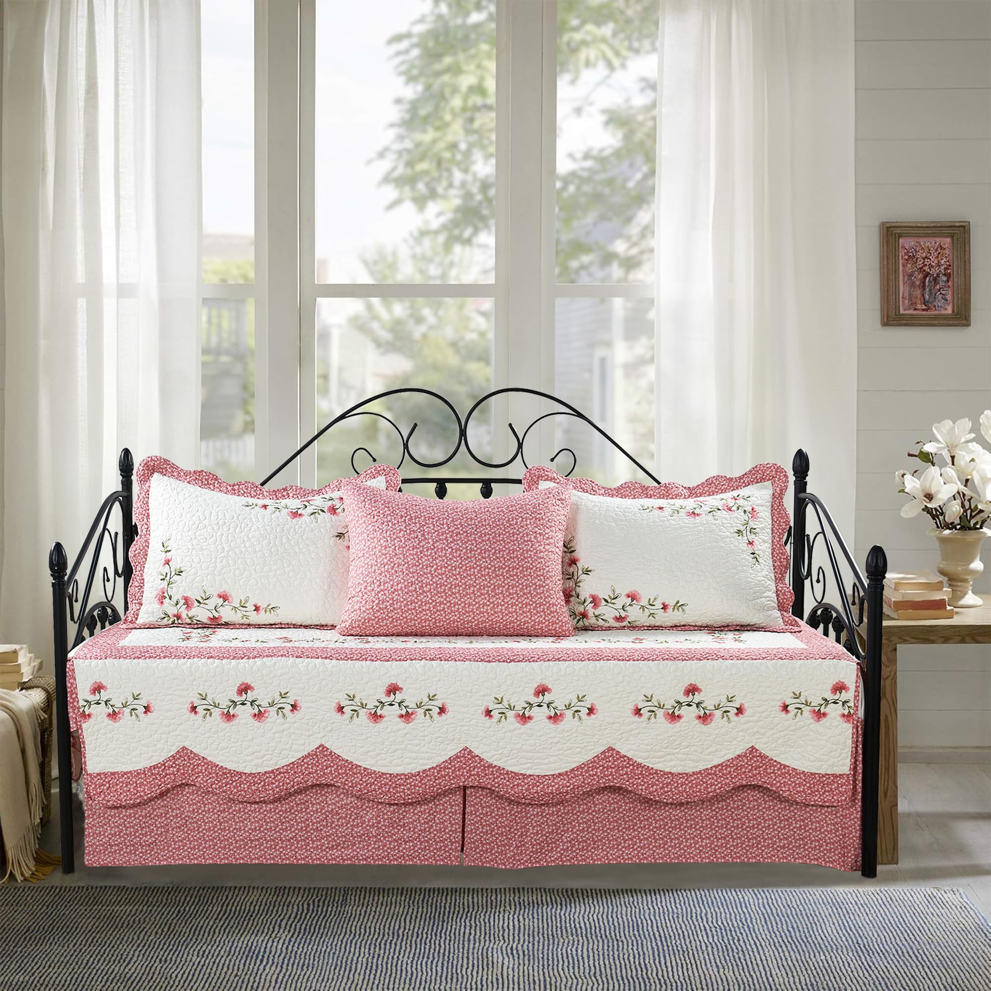 5-Piece Quilted Microfiber Daybed Cover Set with Floral Embroidery, All Season Luxurious Bedding with Matching Shams and Bed Skirt, 75"x39", Pink Flower