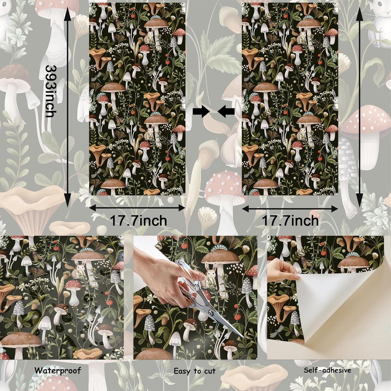 Mushroom Wallpaper Peel and Stick Wallpaper Black 17.7" x 393" Self Adhesive Removable Wall Paper Leaf Forest Mushroom Contact Paper for Countertops Decor