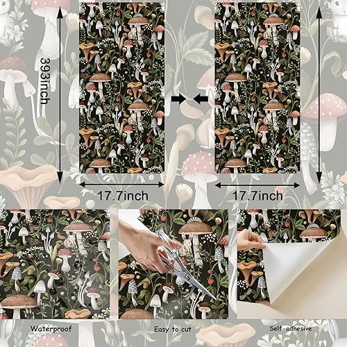 Miniatura 3 de MILEPER Papel tapiz de hongos para despegar y pegar, papel tapiz negro bohemio de 17.7 x 393 pulgadas, papel tapiz autoadhesivo extraíble, papel