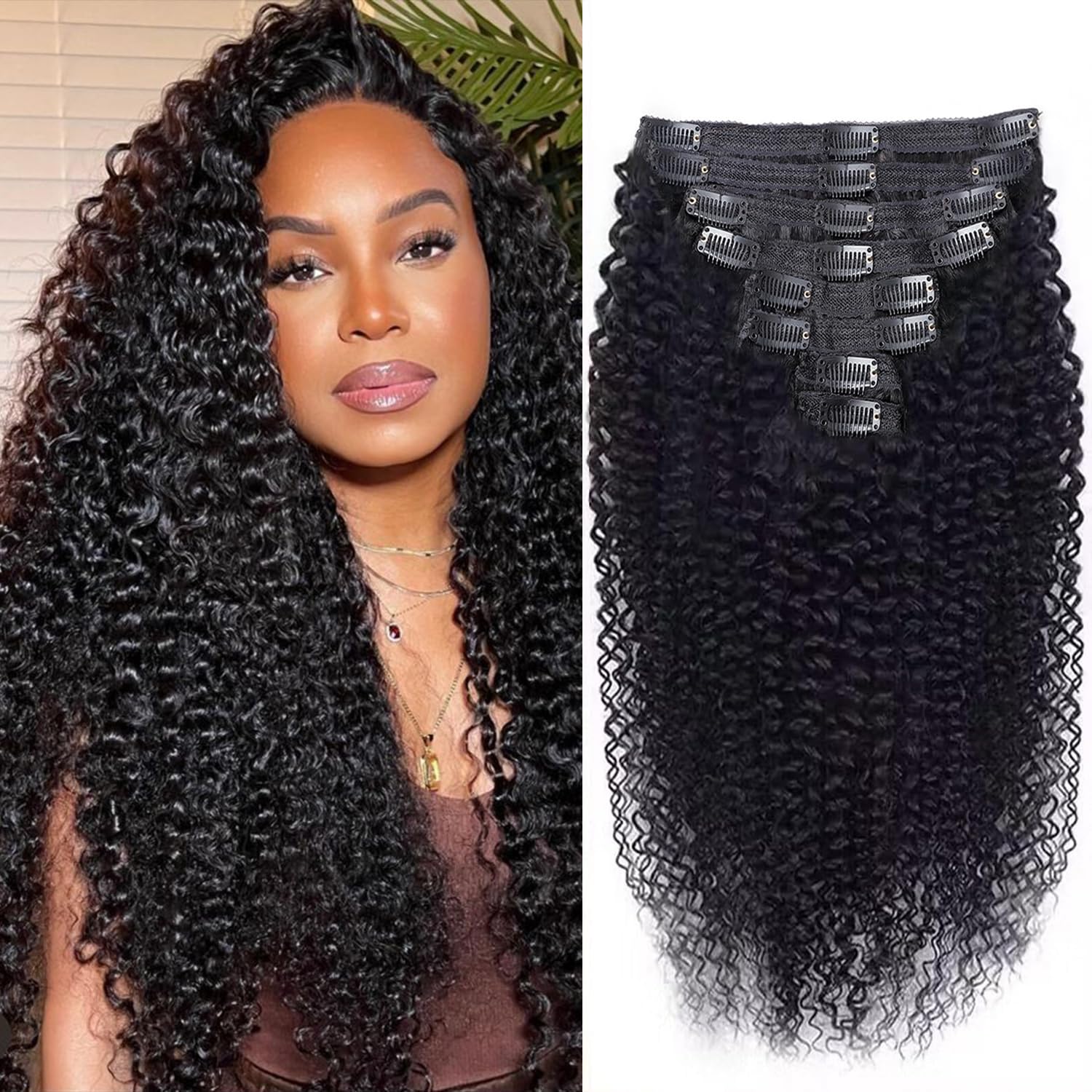 3C 4A Kinky Curly Clip in Hair Extensions Human Hair for Black Women - 8Pcs 18Clips Double Weft Brazilian Remy Human Hair Thick to Ends 120G/4.2oz Natural Black (18 inch)