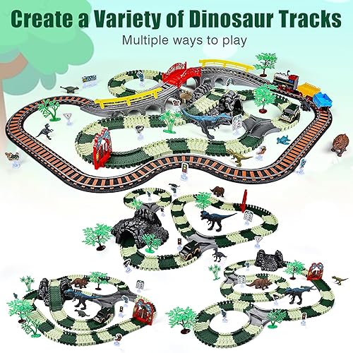 Miniatura 4 de Juego de pistas de tren de dinosaurios, pista de autos de carreras de dinosaurios 2 en 1, 259 piezas de juguetes flexibles de dinosaurio con 4