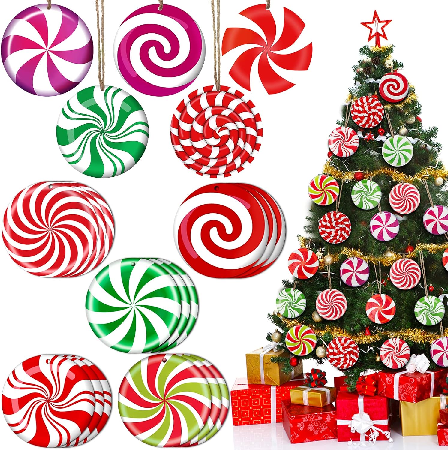 Christmas Tree Ornaments Set Peppermint Wood Ornaments