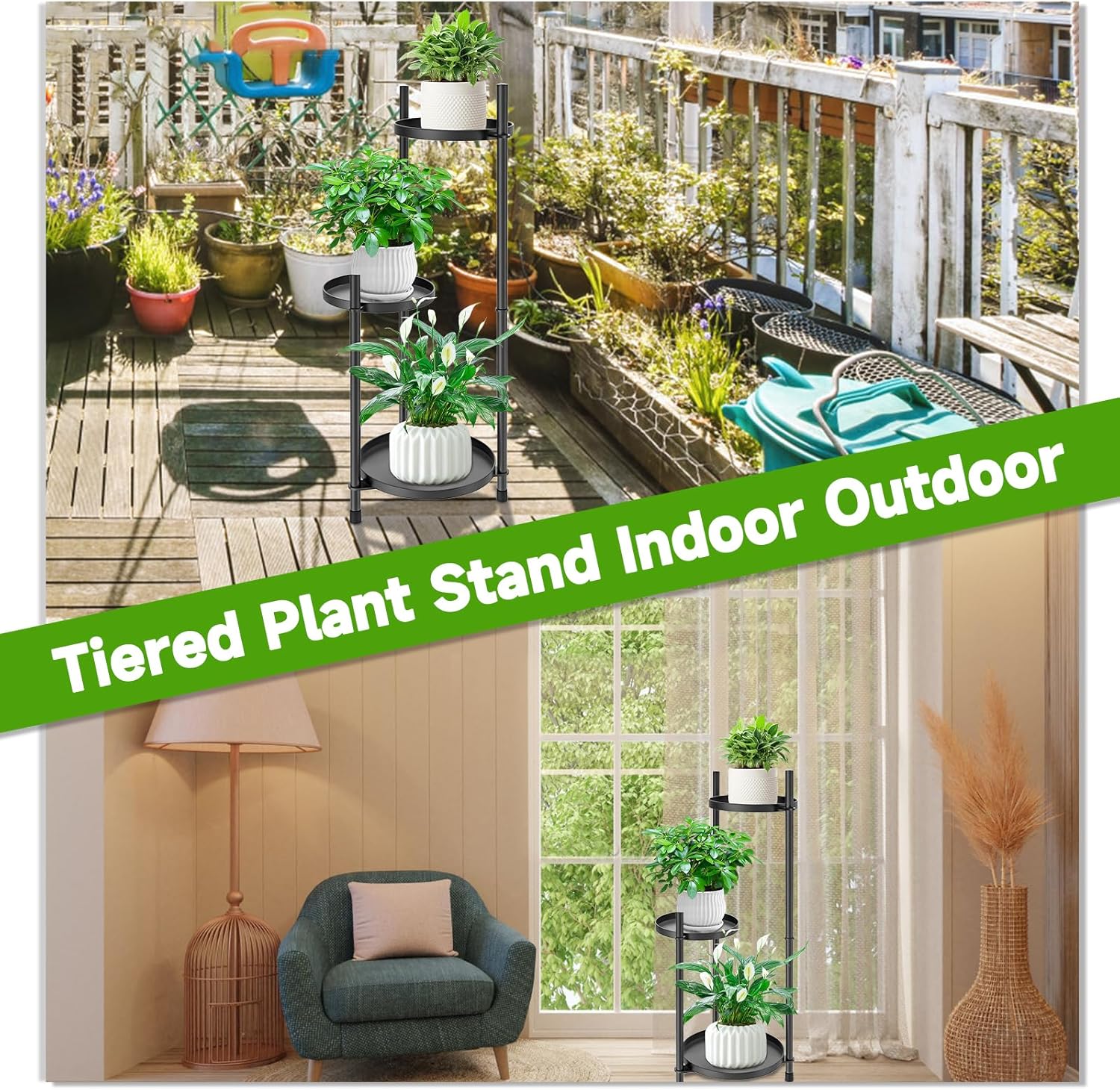 3-Tier Metal Plant Stand for Indoor & Outdoor, Heavy Duty Corner Flower Shelf Display Rack for Living Room Balcony Patio Garden Bedroom Classroom Black (Black-B)