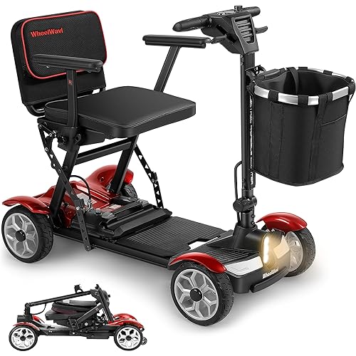 4 Wheel Mobility Scooter for Adults&Seniors-47lbs Lightweight Portable Electric Scooters 300lb Capacity,Foldable Travel Mobility Scooters with Removable Battery，Led Lights (Red)