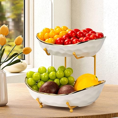 Frutero para encimera de cocina, cesta de frutas de cerámica de dos niveles, soporte para frutas y verduras frescas, bandejas modernas para servir