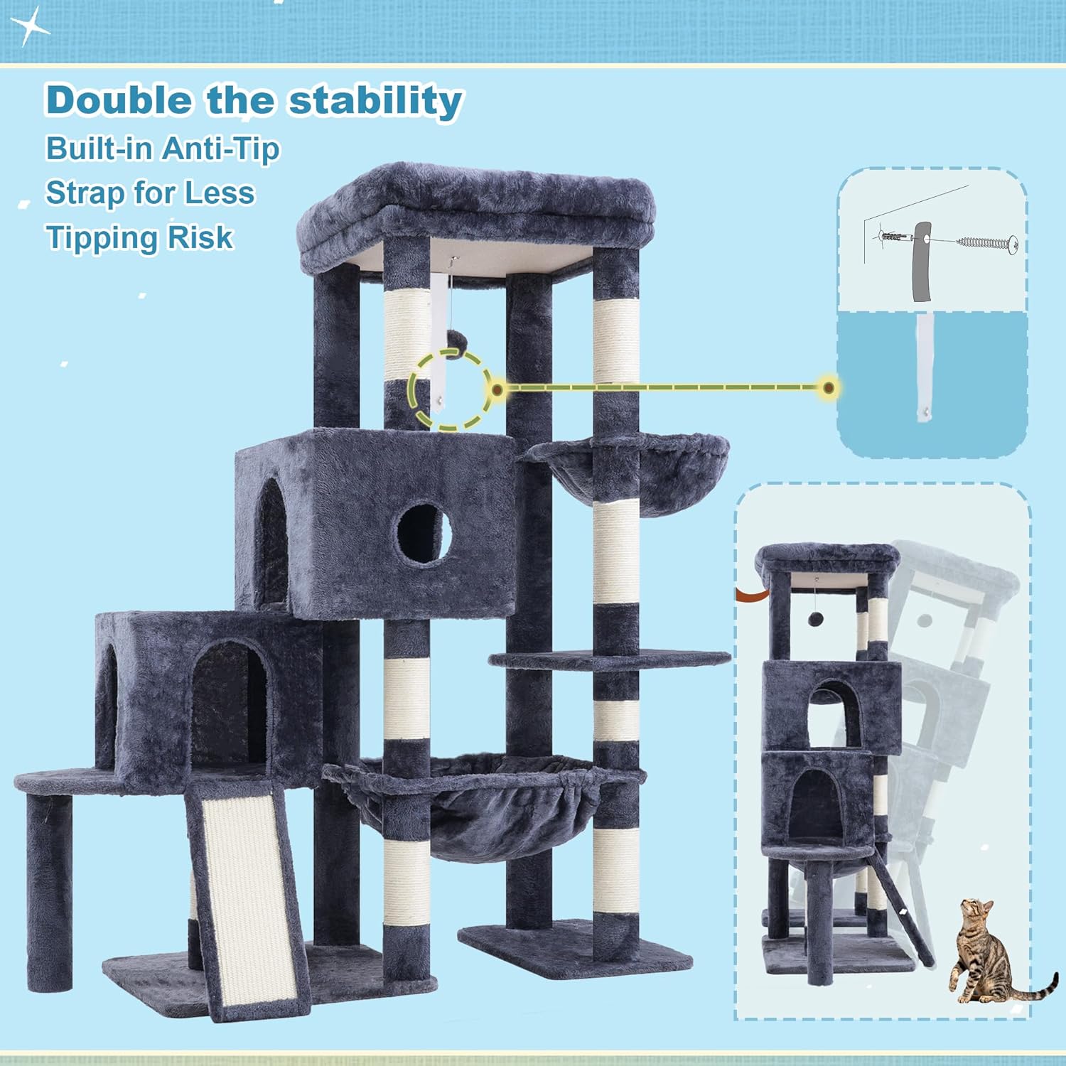 Hey-brother Cat Tree Tower, Scratching Posts with Big Platform, 2 Condos, Spacious Hammock, Cozy Basket, Sisal Board for Indoor Large Adults, 50 Inches Progressive Climbing House, Smoky Gray MPJ071G