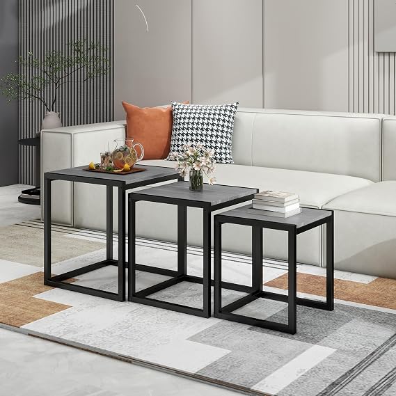 Nesting Table Set of 3 Side Wooden Tables, Square End Tables，Coffee Table with Metal Frame (Grey)