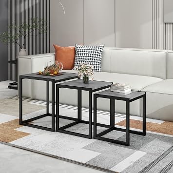 Nesting Table Set of 3 Side Wooden Tables, Square End Tables,Coffee Table with Metal Frame (Grey)